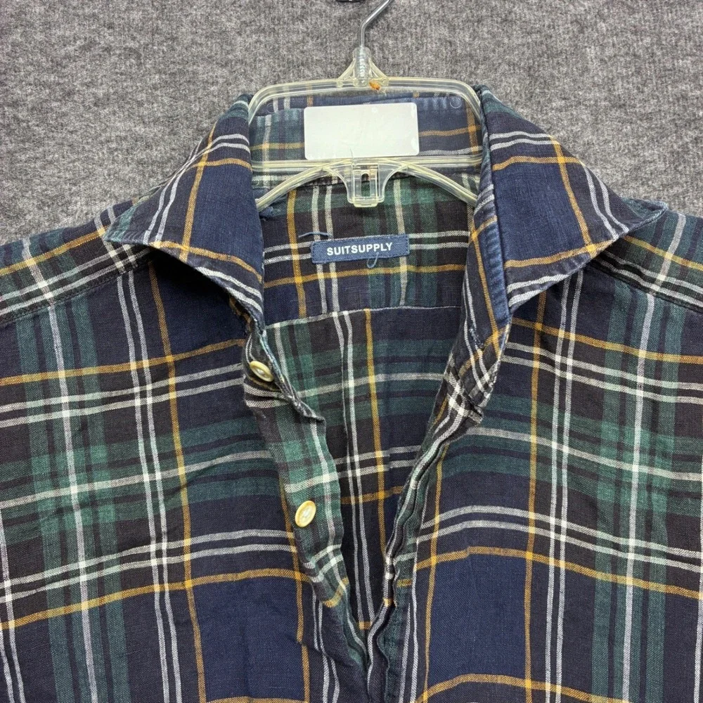 SuitSupply Albiate Milano Men Plaid Button Down Shirt Navy Green 15.5 39‎ SMALL
